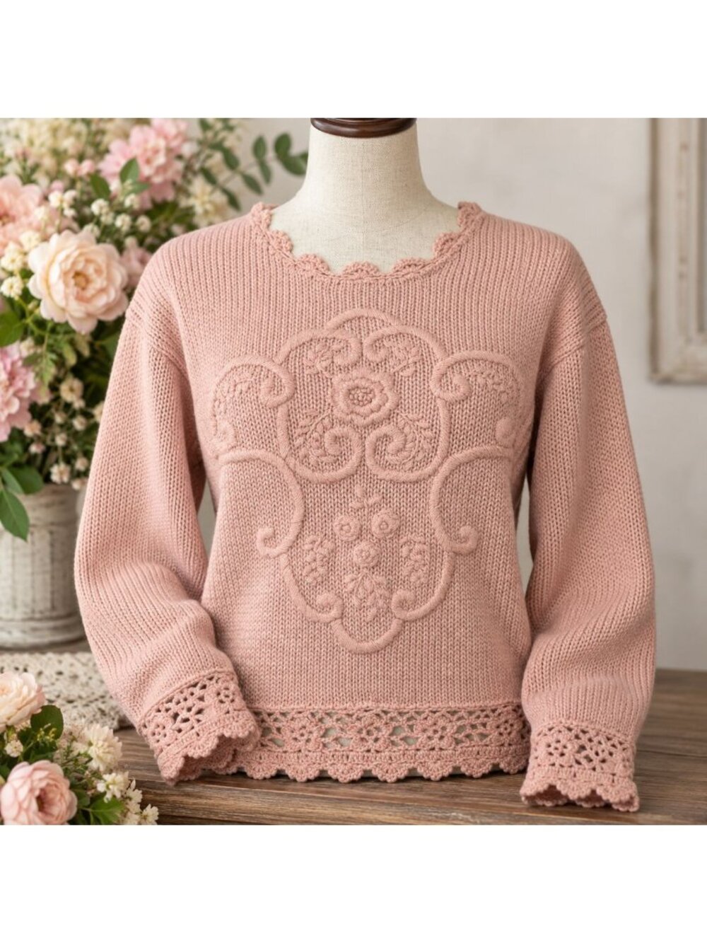Vintage Autograph Sweater Womens M Pink Ramie Cotton Floral Crochet Cottagecore